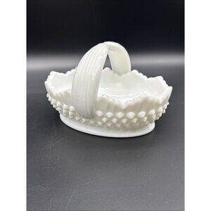 Vintage Fenton Milkglass Hobnail Split Handle Basket Candy Dish